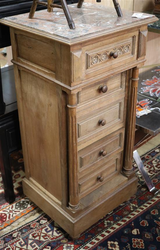 French marble top walnut bedside chest H.93cm